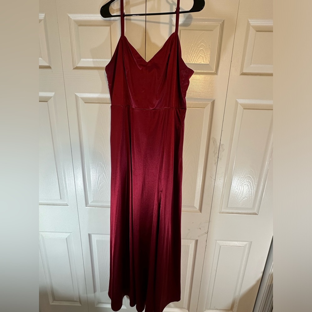 Red satin prom dress with slit